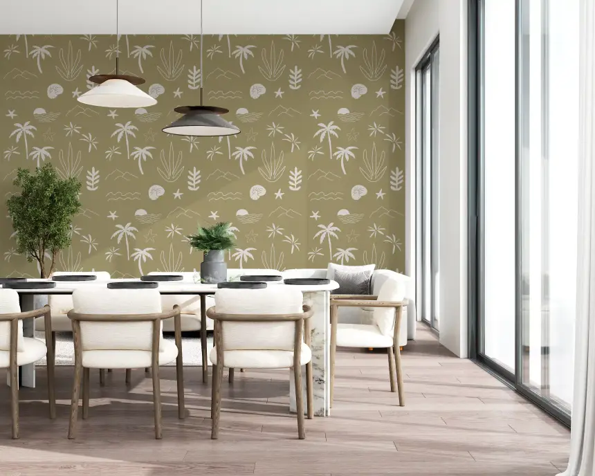 Olive Green Tropical Icon Wallpaper Boho Coastal Wallpaper