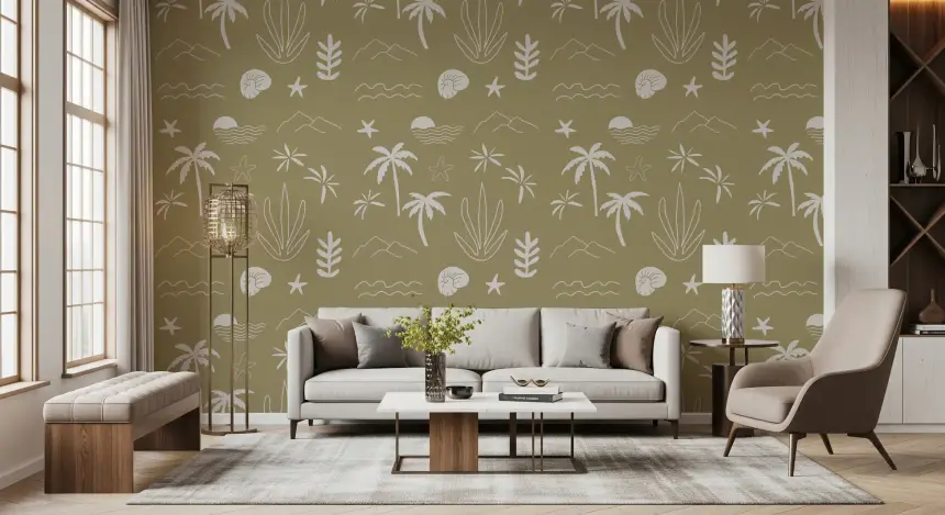 Olive Green Tropical Icon Wallpaper Boho Coastal Wallpaper