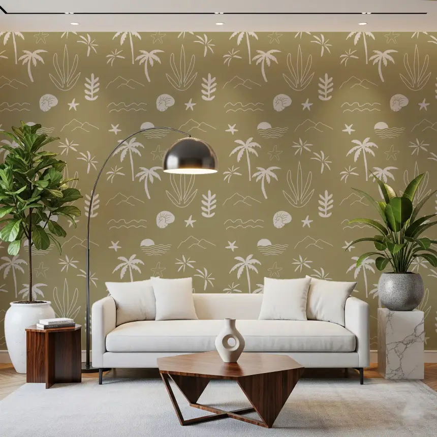 Olive Green Tropical Icon Wallpaper Boho Coastal Wallpaper