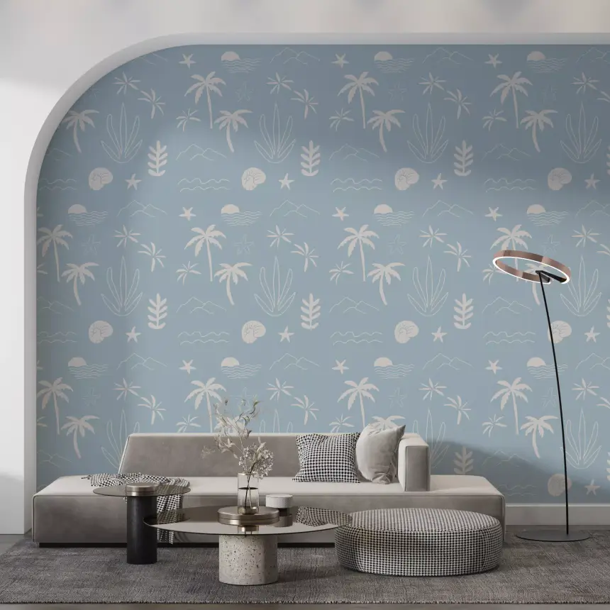 Soft Blue Tropical Icon Wallpaper Boho Coastal Wallpaper