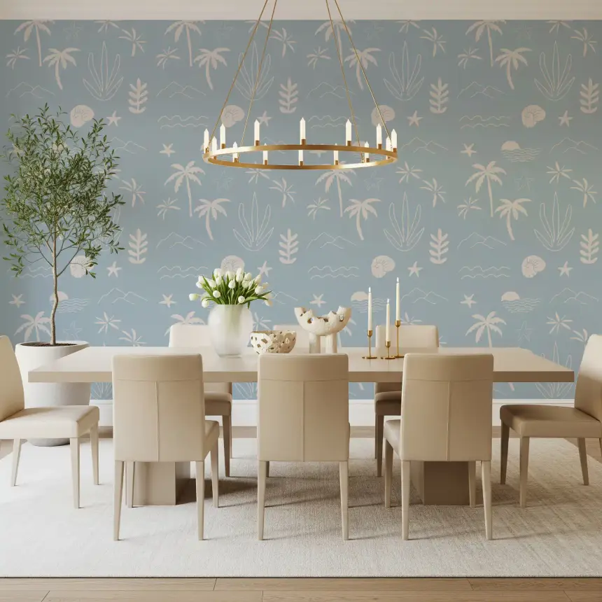 Soft Blue Tropical Icon Wallpaper Boho Coastal Wallpaper