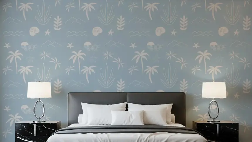 Soft Blue Tropical Icon Wallpaper Boho Coastal Wallpaper