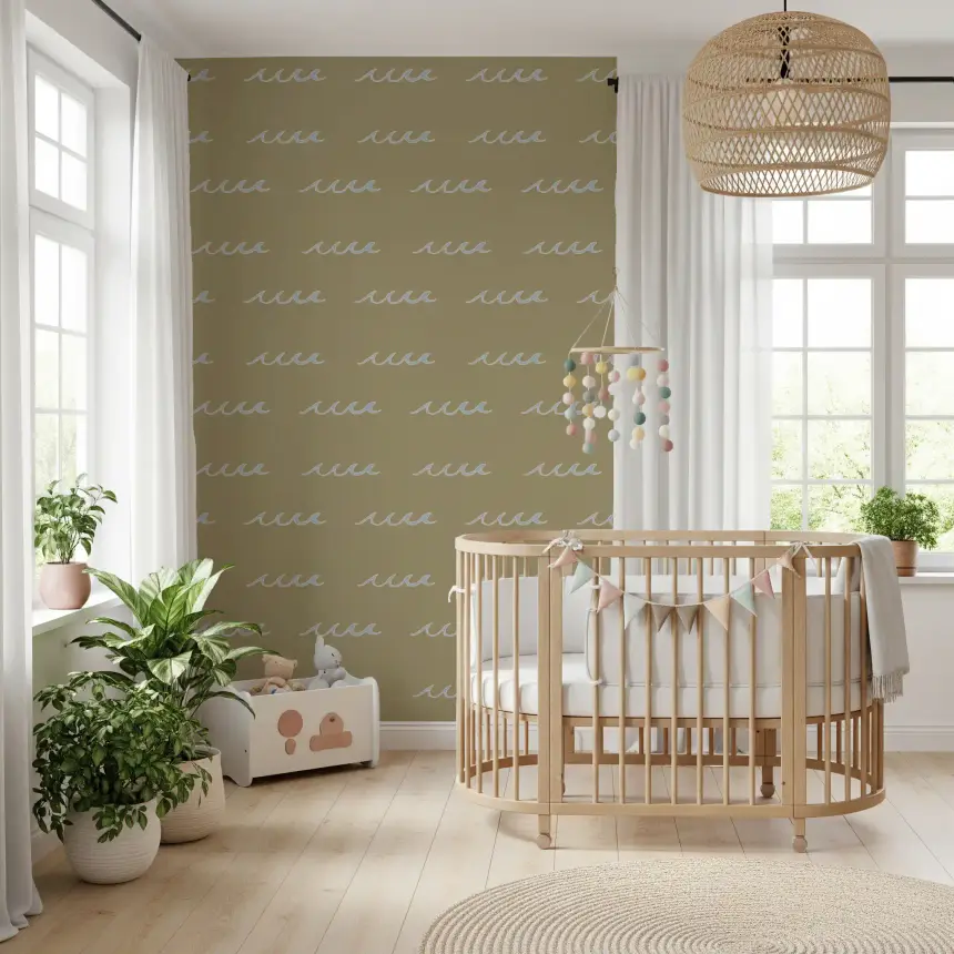 Olive Green Wave Wallpaper Boho Coastal Wallpaper