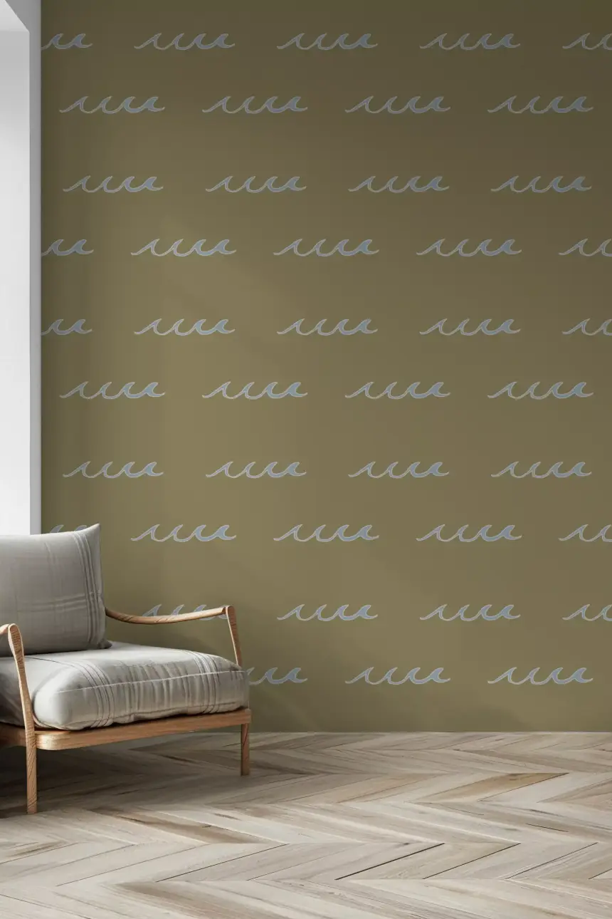 Olive Green Wave Wallpaper Boho Coastal Wallpaper