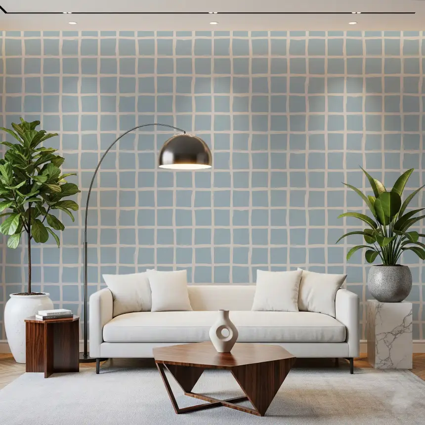 Soft Blue Grid Wallpaper Boho Coastal Wallpaper