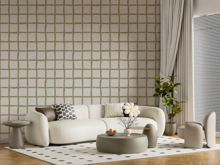 Olive Green Check Grid Wallpaper Boho Coastal Wallpaper