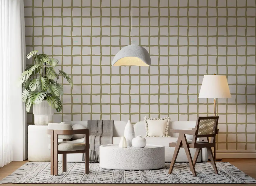 Olive Green Check Grid Wallpaper Boho Coastal Wallpaper
