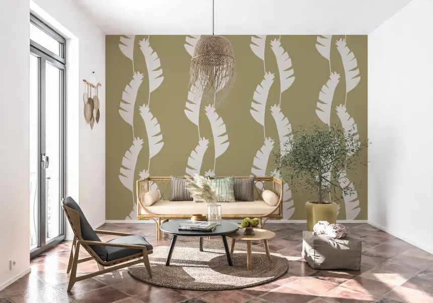 Olive Green Banana Leaf Wallpaper Boho Coastal Wallpaper