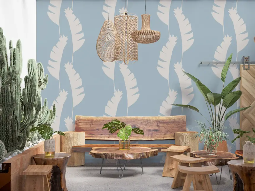 Soft Blue Banana Leaf Wallpaper Boho Coastal Wallpaper