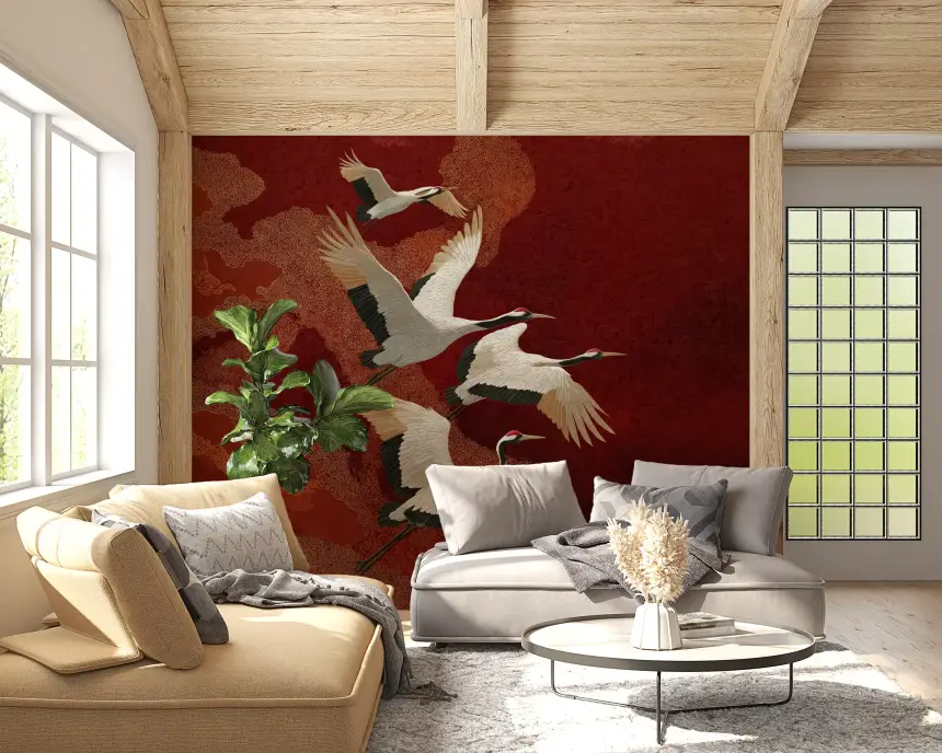 Crimson Sky Crane Dance Wall Mural