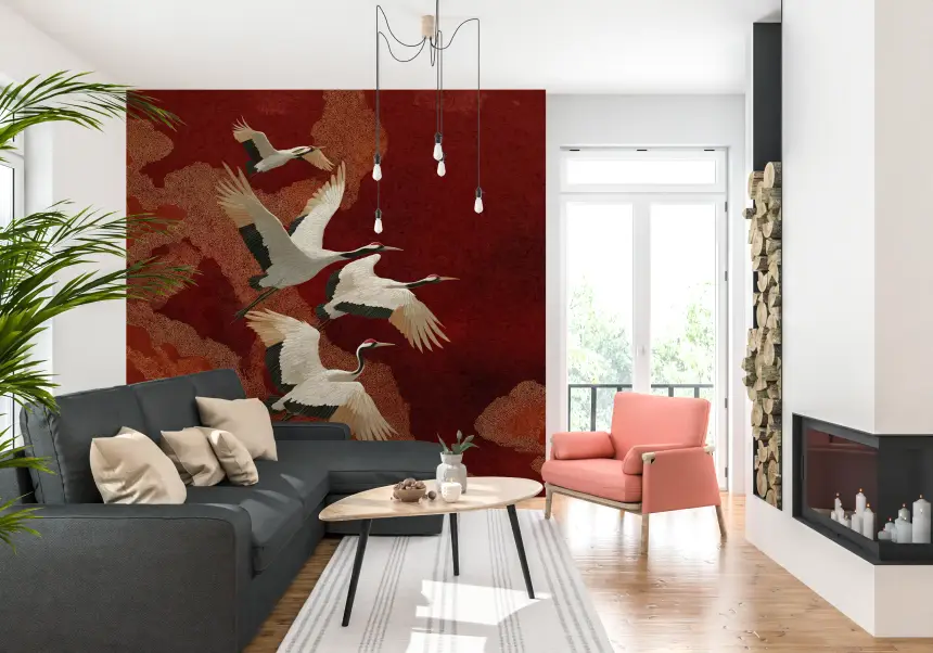 Crimson Sky Crane Dance Wall Mural