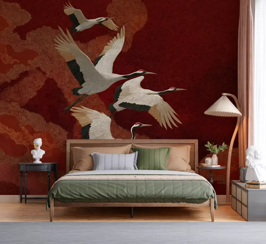 Crimson Sky Crane Dance Wall Mural