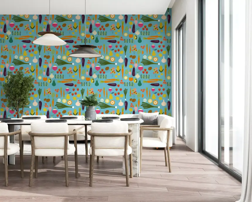 Blue Veggie Wallpaper Mid Century Modern Kitchen Wallpaper