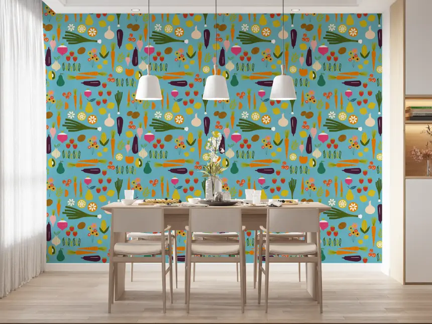 Blue Veggie Wallpaper Mid Century Modern Kitchen Wallpaper