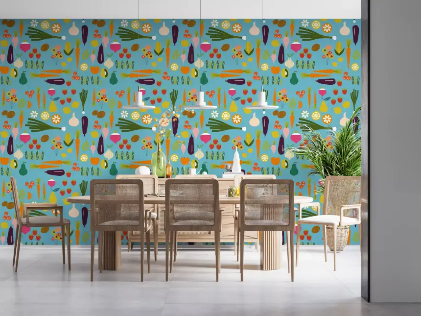 Blue Veggie Wallpaper Mid Century Modern Kitchen Wallpaper