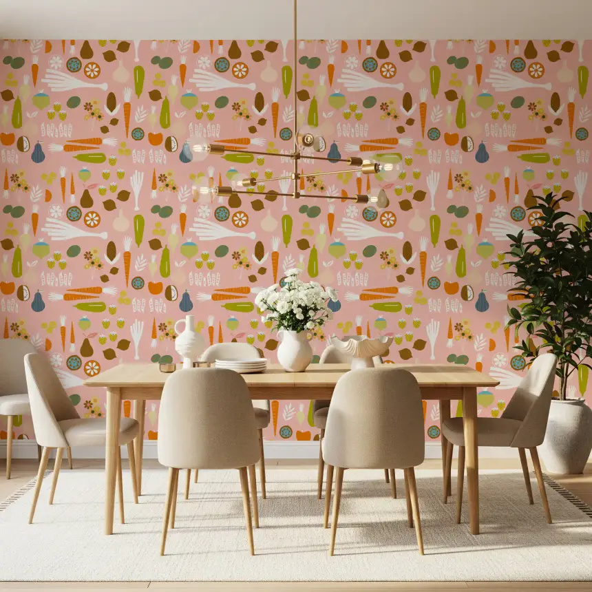 Pink Veggie Wallpaper Mid Century Modern Kitchen Wallpaper