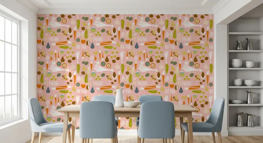 Pink Veggie Wallpaper Mid Century Modern Kitchen Wallpaper