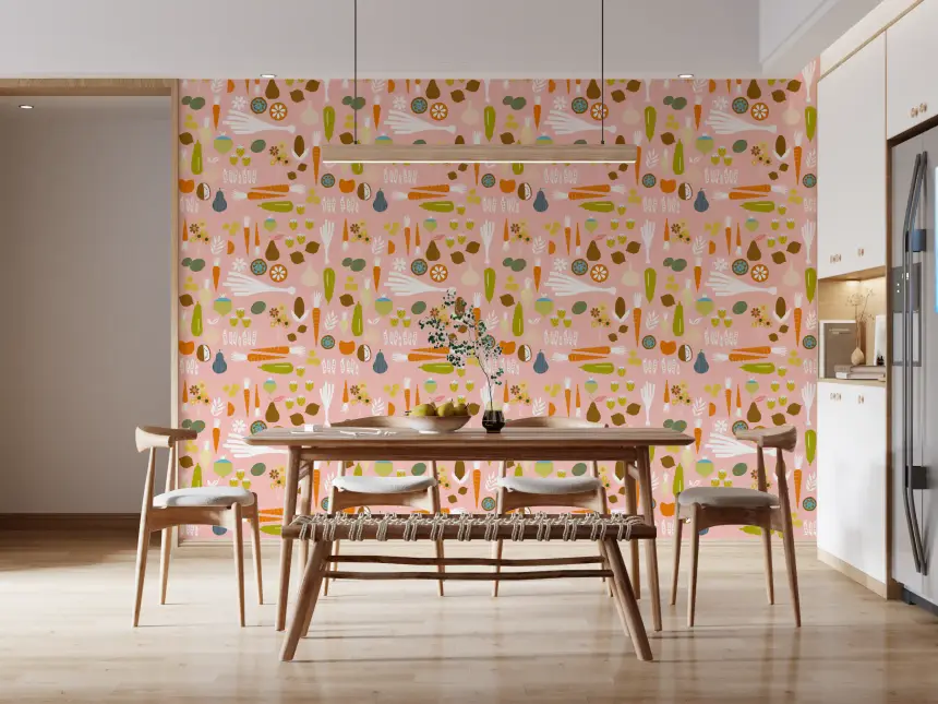 Pink Veggie Wallpaper Mid Century Modern Kitchen Wallpaper