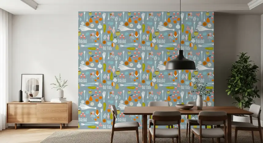 Dusty Blue Veggie Wallpaper Mid Century Modern Kitchen Wallpaper