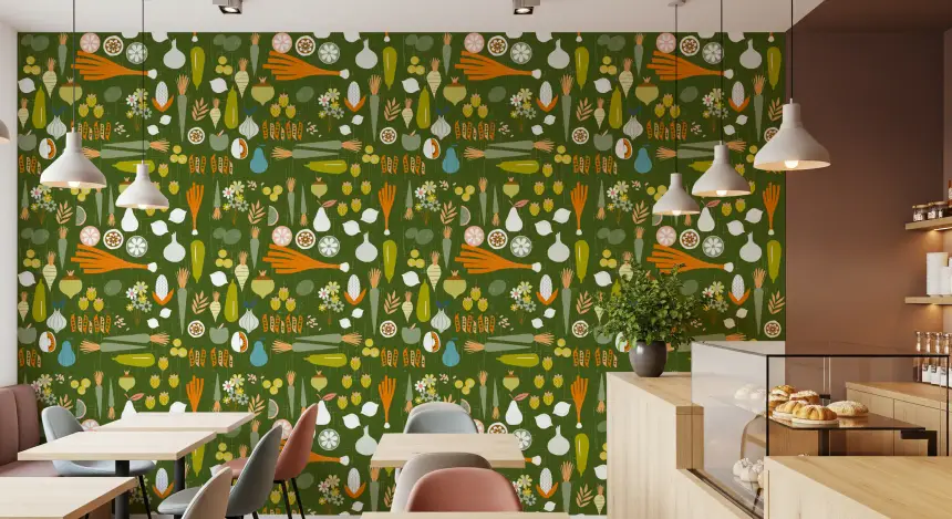 Olive Green Vegetable Wallpaper Retro Kitchen Wallpaper