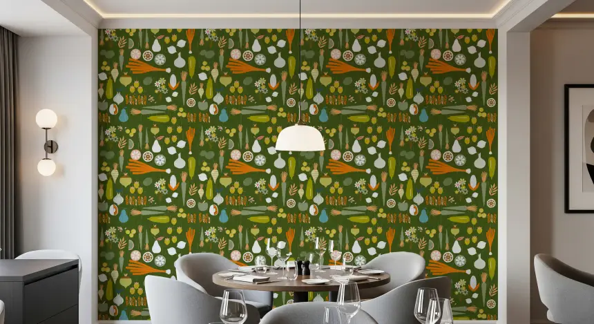 Olive Green Vegetable Wallpaper Retro Kitchen Wallpaper