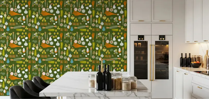 Olive Green Vegetable Wallpaper Retro Kitchen Wallpaper