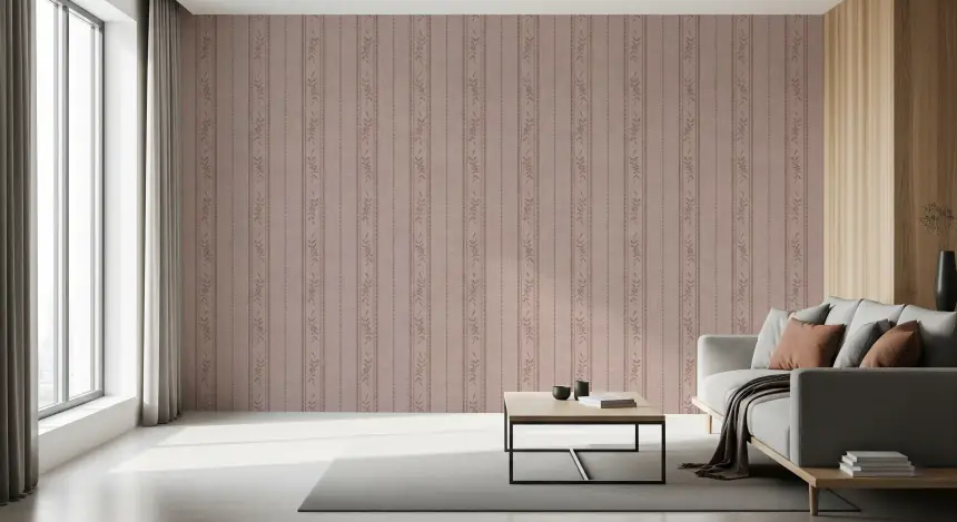 Vintage Ticking Stripe Vertical Linen with Floral Decor Dusty Rose Wallpaper