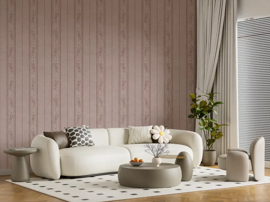 Vintage Ticking Stripe Vertical Linen with Floral Decor Dusty Rose Wallpaper