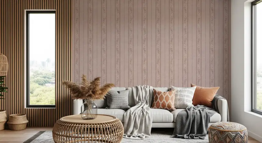 Vintage Ticking Stripe Vertical Linen with Floral Decor Dusty Rose Wallpaper