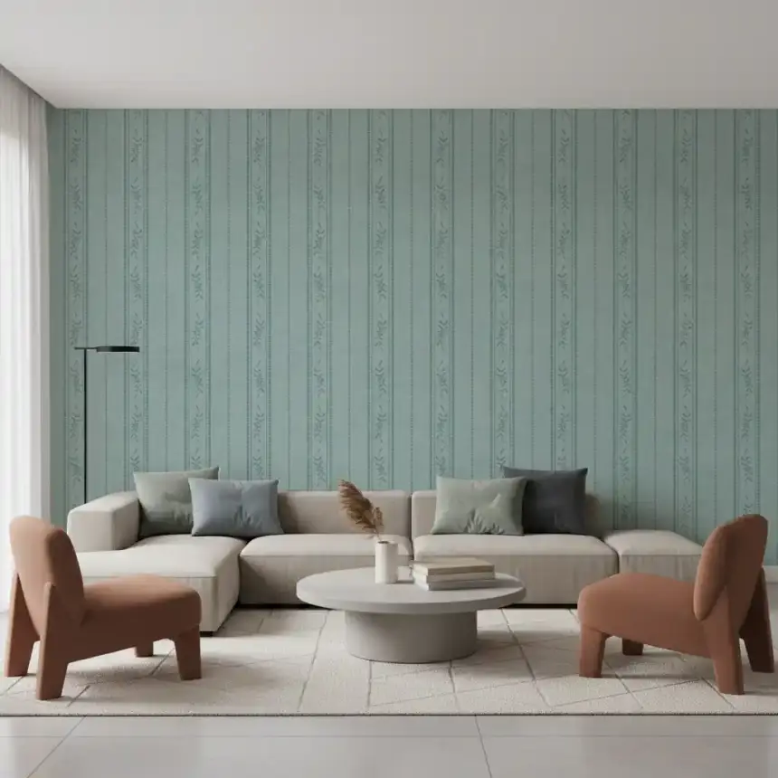 Vintage Ticking Stripe Vertical Linen with Floral Decor Muted Blue Wallpaper
