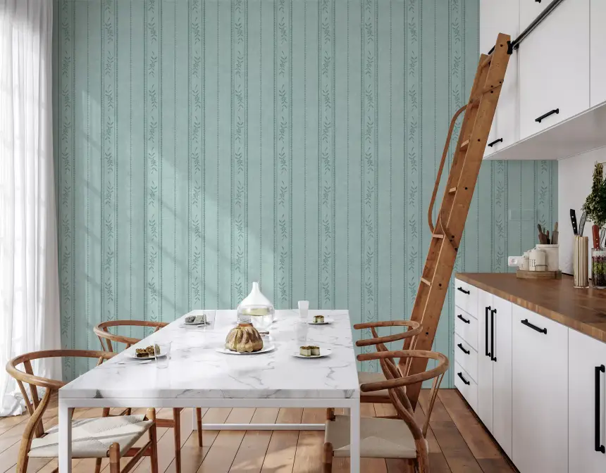 Vintage Ticking Stripe Vertical Linen with Floral Decor Muted Blue Wallpaper