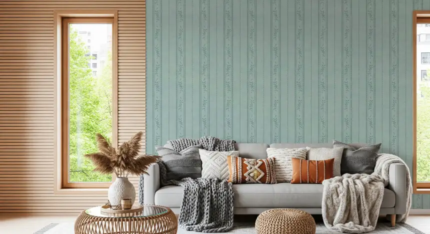 Vintage Ticking Stripe Vertical Linen with Floral Decor Muted Blue Wallpaper