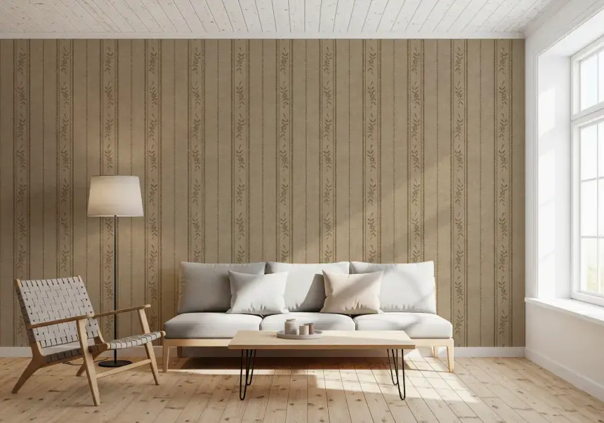 Vintage Ticking Stripe Vertical Linen with Floral Decor Umber Brown Wallpaper