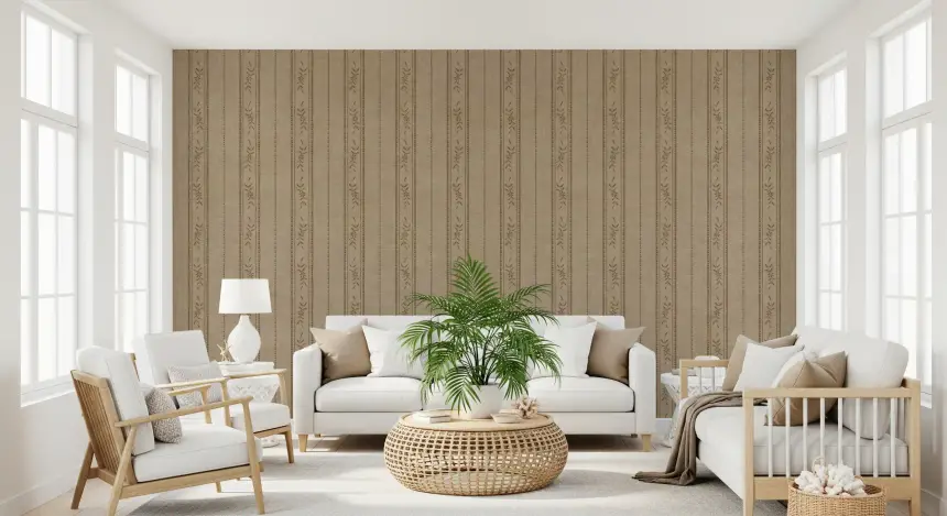 Vintage Ticking Stripe Vertical Linen with Floral Decor Umber Brown Wallpaper