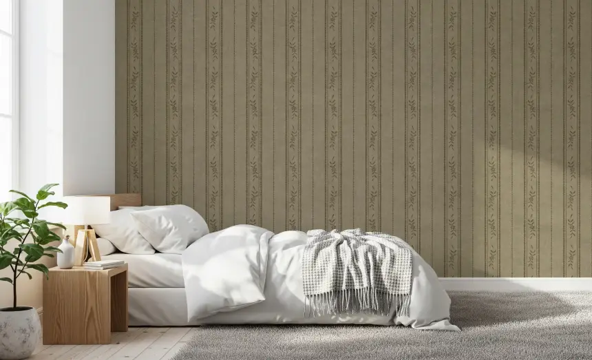 Vintage Ticking Stripe Vertical Linen with Floral Decor Taupe Grey Wallpaper
