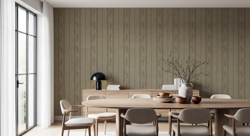 Vintage Ticking Stripe Vertical Linen with Floral Decor Taupe Grey Wallpaper