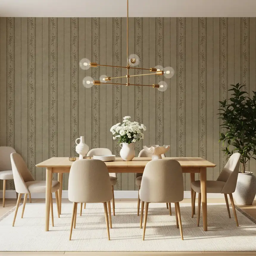 Vintage Ticking Stripe Vertical Linen with Floral Decor Taupe Grey Wallpaper