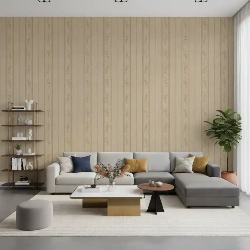 Vintage Ticking Stripe Vertical Linen with Floral Decor Sand Beige Wallpaper