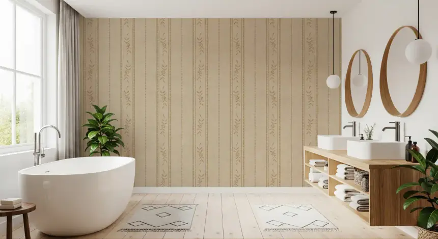 Vintage Ticking Stripe Vertical Linen with Floral Decor Sand Beige Wallpaper