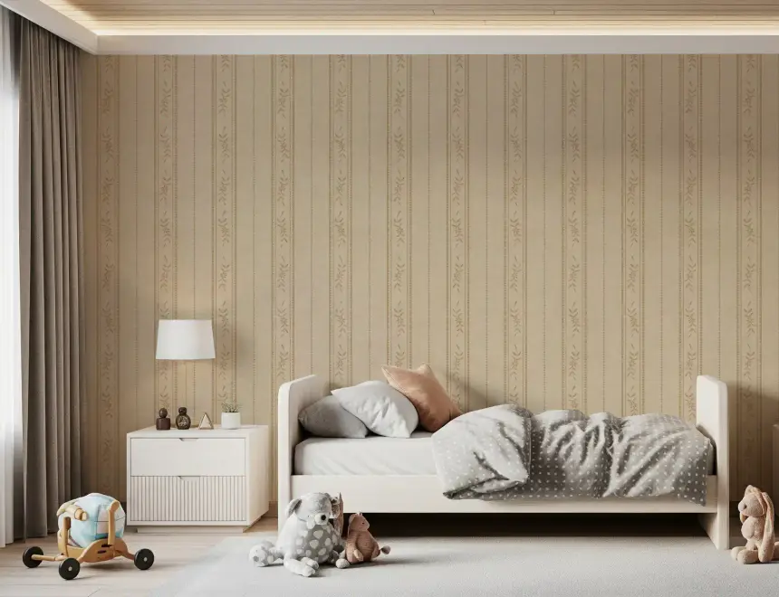 Vintage Ticking Stripe Vertical Linen with Floral Decor Sand Beige Wallpaper