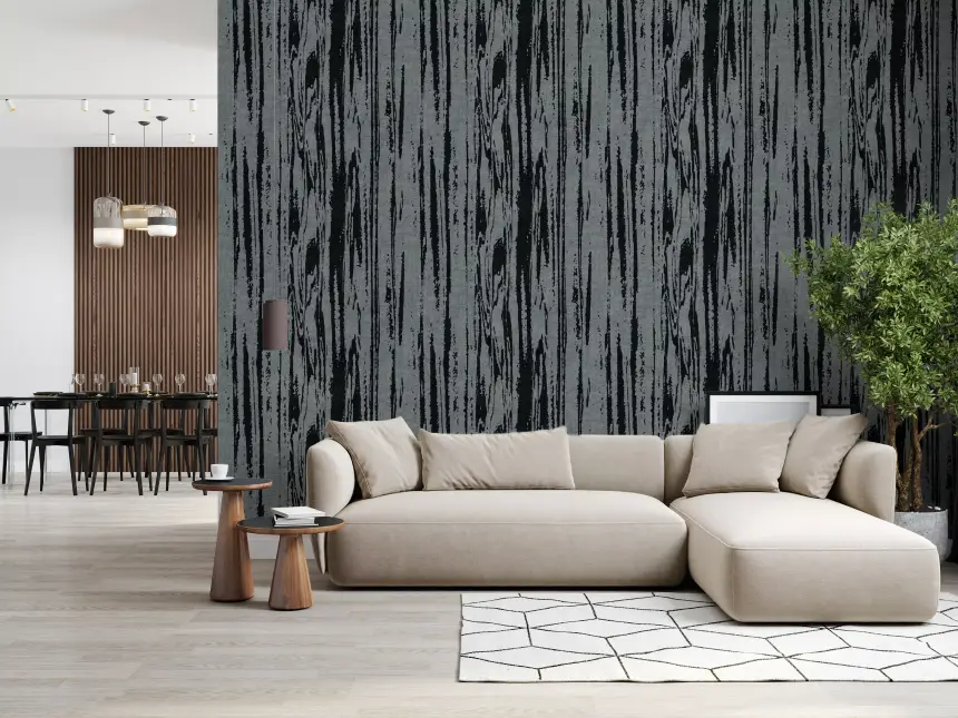 Modern Abstract Woodgrain Organic Lines Charcoal Grey Wallpaper