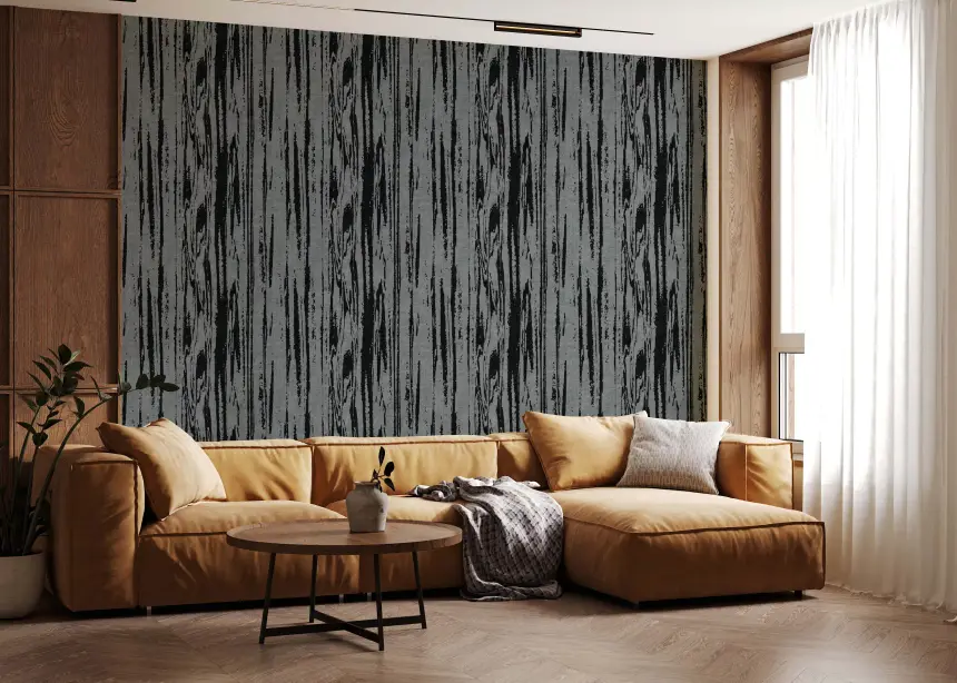 Modern Abstract Woodgrain Organic Lines Charcoal Grey Wallpaper