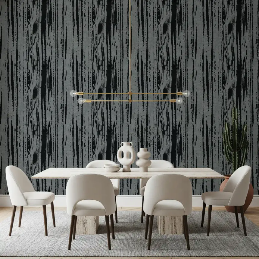 Modern Abstract Woodgrain Organic Lines Charcoal Grey Wallpaper
