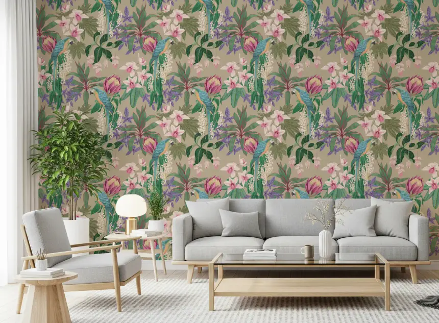 Tropical Macaw & Orchid Bloom Wallpaper
