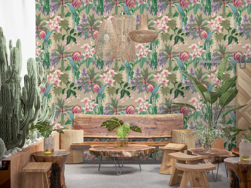 Tropical Macaw & Orchid Bloom Wallpaper