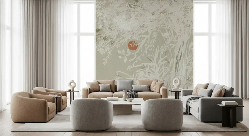 Serene Japanese Oriental Botanical Landscape with Red Moon Wall Mural