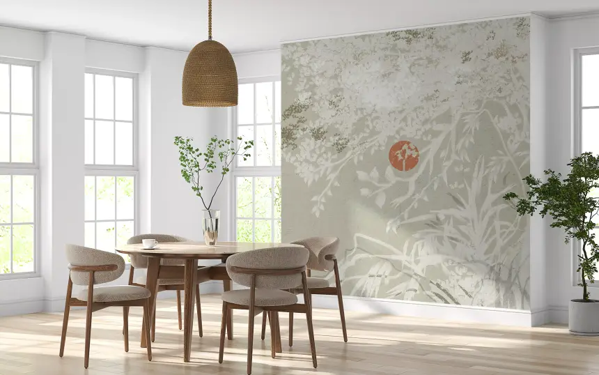 Serene Japanese Oriental Botanical Landscape with Red Moon Wall Mural