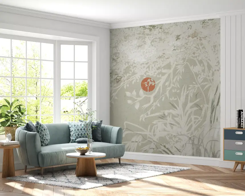 Serene Japanese Oriental Botanical Landscape with Red Moon Wall Mural
