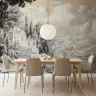 Grayscale European Lakeside Mansion Wall Mural 8