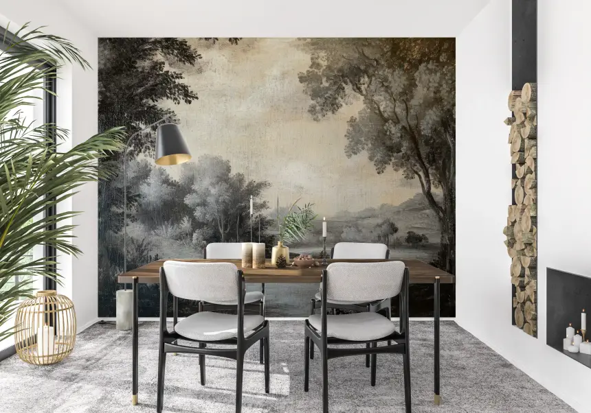 Monochrome Lakeside Vista Wall Mural
